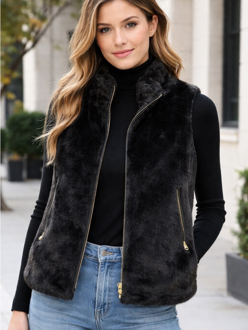 Women's Black Faux Fur Zip-Up Vest with Gold Hardware